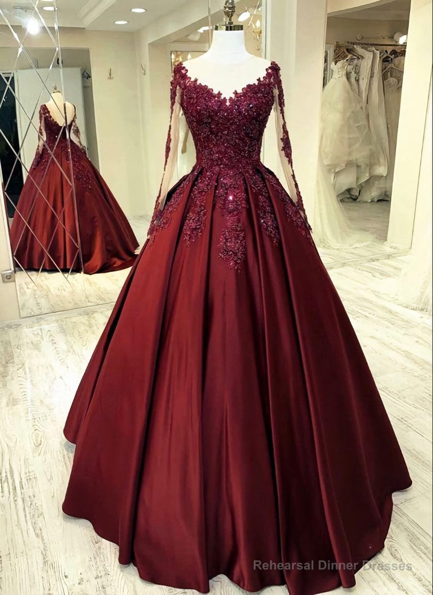 Elegant burgundy wedding dress lace long sleeves ball gown sheer neckline for women prom dress Main image