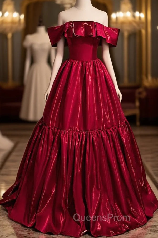 Elegant Burugndy Satin Off the Shoulder Evening Prom Dress Main image