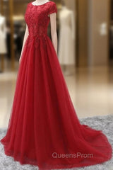 Elegant Cap Sleeve Lace Applique Tulle Party Dress, Evening Prom Gowns