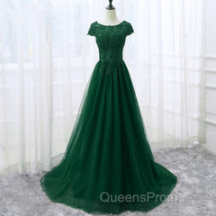 Elegant Cap Sleeve Lace Applique Tulle Party Dress, Evening Prom Gowns