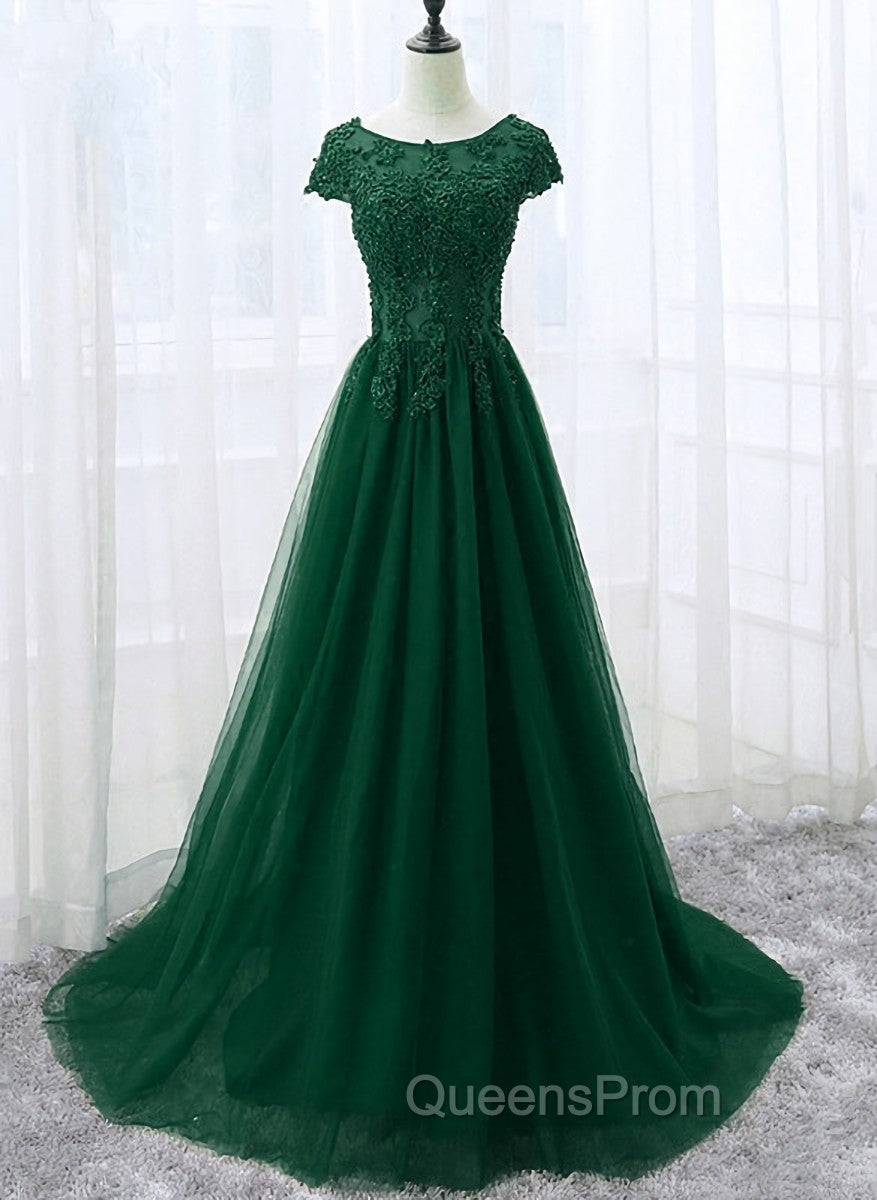 Elegant Cap Sleeve Lace Applique Tulle Party Dress, Evening Prom Gowns
