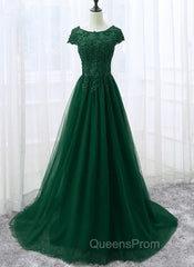 Elegant Cap Sleeve Lace Applique Tulle Party Dress, Evening Prom Gowns