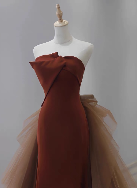Elegant Caramel Brown Mermaid Strapless Tulle Satin Train Classy Prom Dress Secondary image
