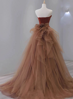 Elegant Caramel Brown Mermaid Strapless Tulle Satin Train Classy Prom Dress