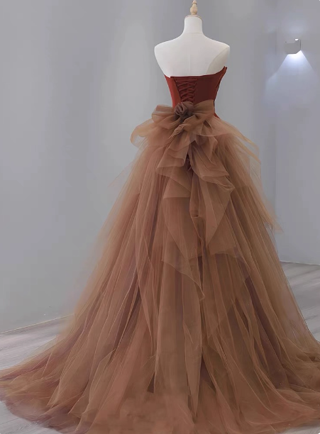Elegant Caramel Brown Mermaid Strapless Tulle Satin Train Classy Prom Dress