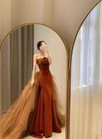 Elegant Caramel Brown Mermaid Strapless Tulle Satin Train Classy Prom Dress
