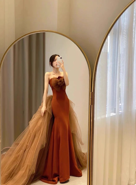 Elegant Caramel Brown Mermaid Strapless Tulle Satin Train Classy Prom Dress