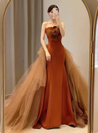 Elegant Caramel Brown Mermaid Strapless Tulle Satin Train Classy Prom Dress