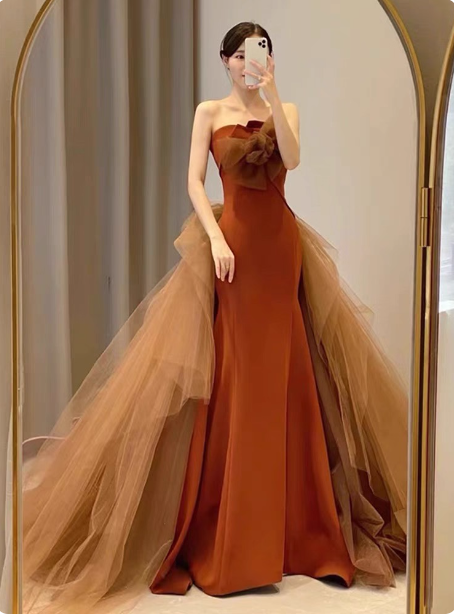 Elegant Caramel Brown Mermaid Strapless Tulle Satin Train Classy Prom Dress