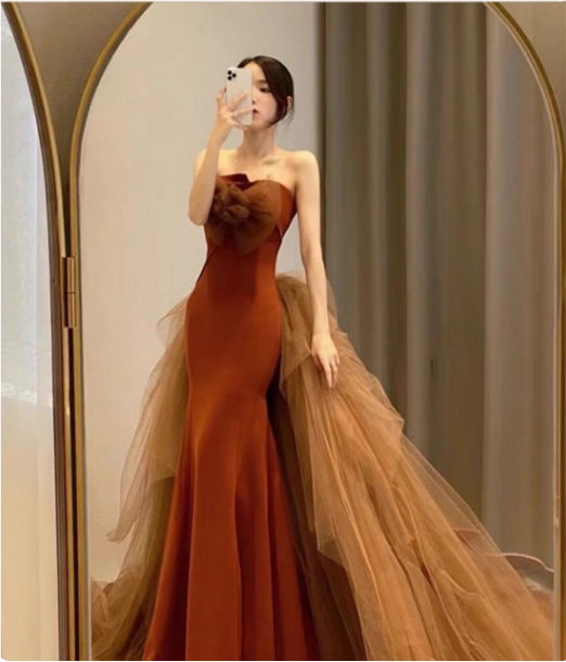 Elegant Caramel Brown Mermaid Strapless Tulle Satin Train Classy Prom Dress Main image