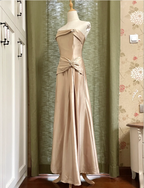 Elegant Champagne A-Line Strapless Twisted Satin Long Classy Prom Dress Bridesmaid Dress