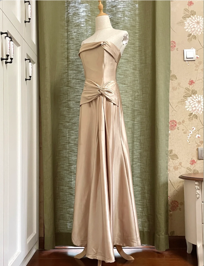 Elegant Champagne A-Line Strapless Twisted Satin Long Classy Prom Dress Bridesmaid Dress