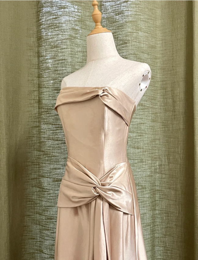 Elegant Champagne A-Line Strapless Twisted Satin Long Classy Prom Dress Bridesmaid Dress