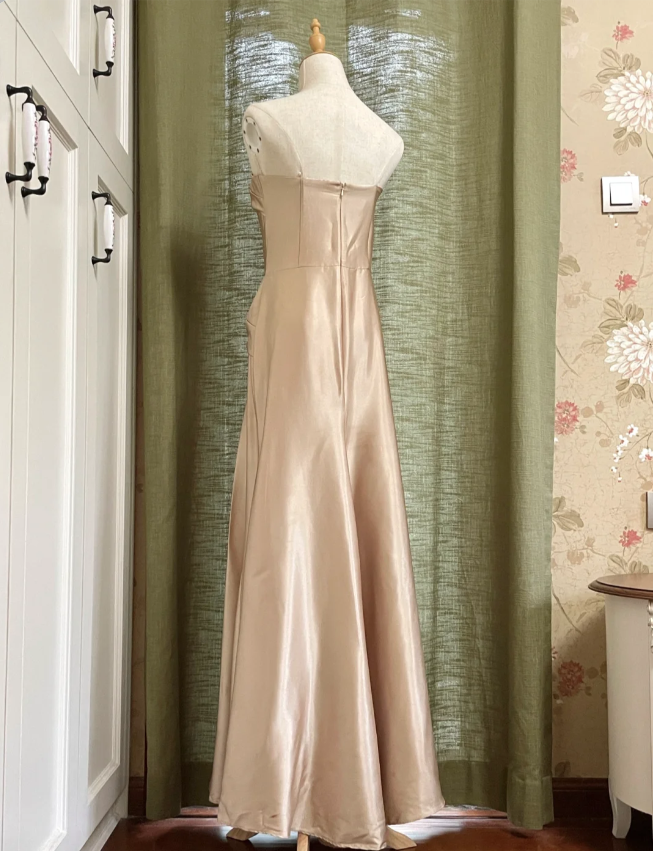 Elegant Champagne A-Line Strapless Twisted Satin Long Classy Prom Dress Bridesmaid Dress