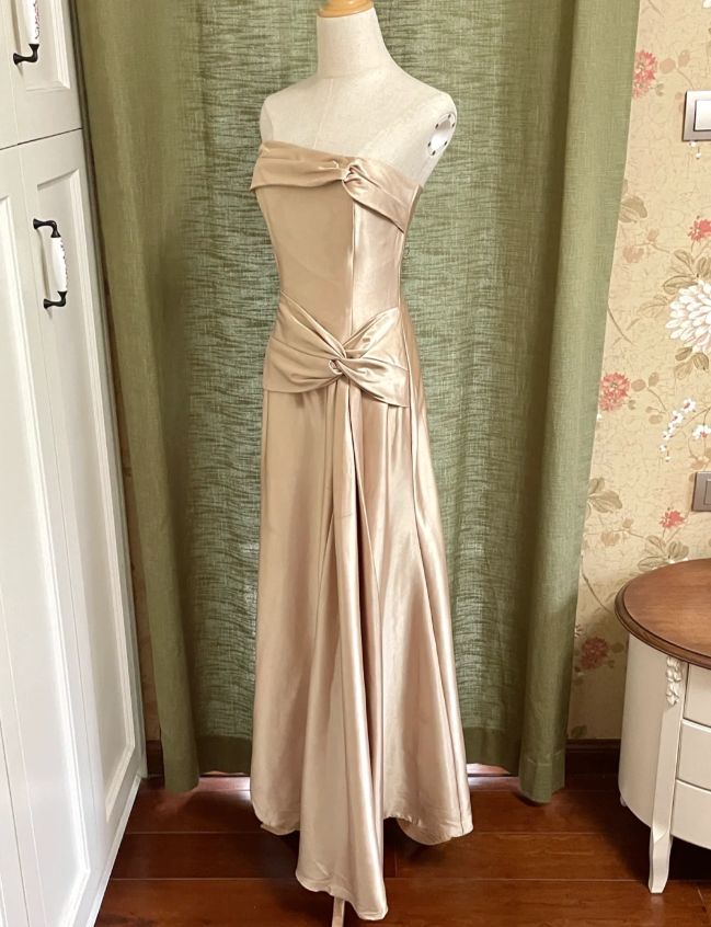 Elegant Champagne A-Line Strapless Twisted Satin Long Classy Prom Dress Bridesmaid Dress