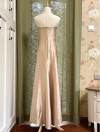 Elegant Champagne A-Line Strapless Twisted Satin Long Classy Prom Dress Bridesmaid Dress