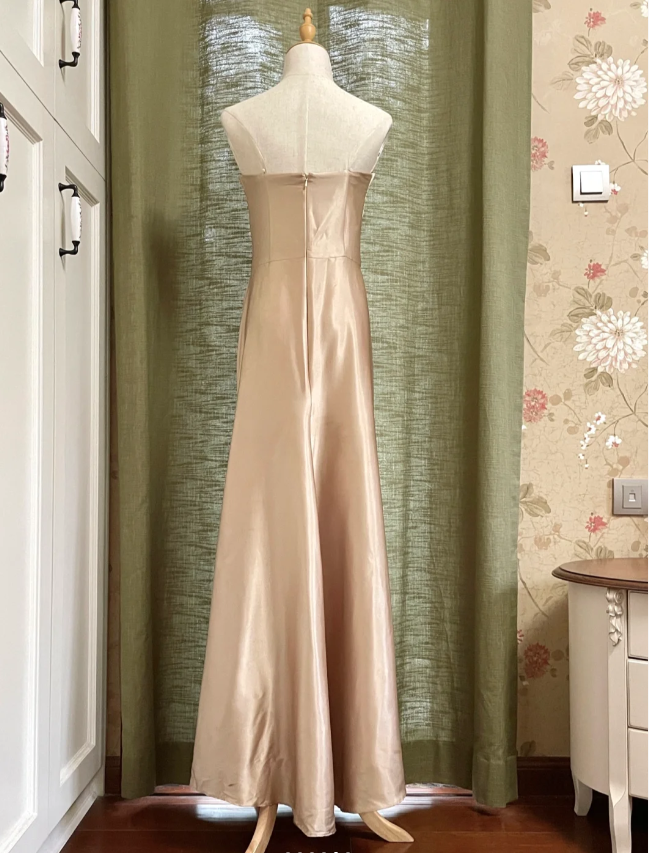 Elegant Champagne A-Line Strapless Twisted Satin Long Classy Prom Dress Bridesmaid Dress