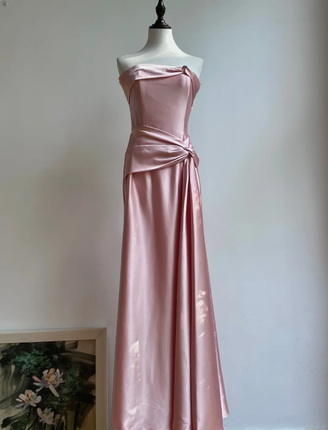 Elegant Champagne A-Line Strapless Twisted Satin Long Classy Prom Dress Bridesmaid Dress