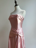 Elegant Champagne A-Line Strapless Twisted Satin Long Classy Prom Dress Bridesmaid Dress