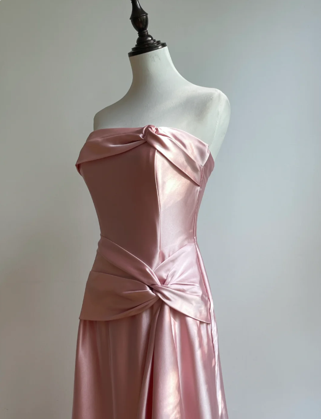 Elegant Champagne A-Line Strapless Twisted Satin Long Classy Prom Dress Bridesmaid Dress