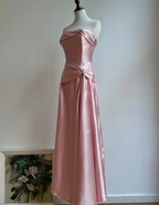 Elegant Champagne A-Line Strapless Twisted Satin Long Classy Prom Dress Bridesmaid Dress
