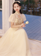 Elegant Champagne Apricot A-Line Puff Sleeve Embroidered Tulle Long Classy Prom Dress