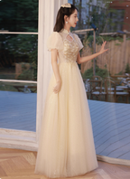 Elegant Champagne Apricot A-Line Puff Sleeve Embroidered Tulle Long Classy Prom Dress