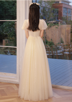 Elegant Champagne Apricot A-Line Puff Sleeve Embroidered Tulle Long Classy Prom Dress