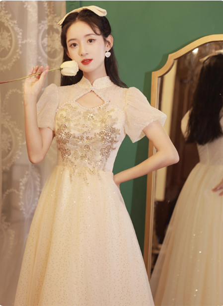 Elegant Champagne Apricot A-Line Puff Sleeve Embroidered Tulle Long Classy Prom Dress