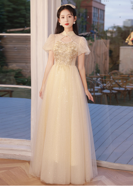 Elegant Champagne Apricot A-Line Puff Sleeve Embroidered Tulle Long Classy Prom Dress Main image