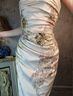 Elegant Champagne Fitted Spaghetti Strap Beaded Embroidered Satin Classy Prom Dress