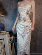 Elegant Champagne Fitted Spaghetti Strap Beaded Embroidered Satin Classy Prom Dress