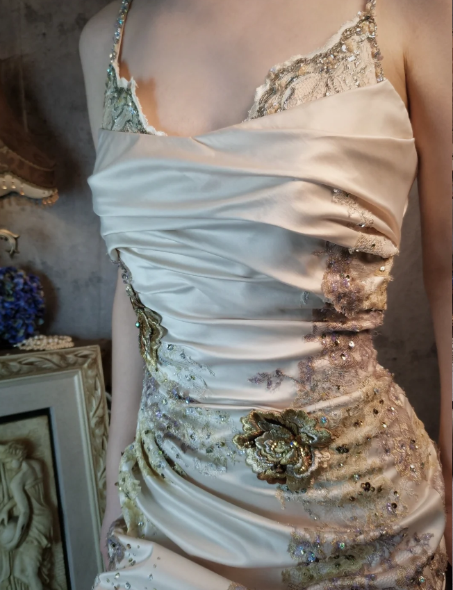 Elegant Champagne Fitted Spaghetti Strap Beaded Embroidered Satin Classy Prom Dress
