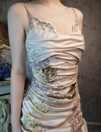 Elegant Champagne Fitted Spaghetti Strap Beaded Embroidered Satin Classy Prom Dress