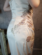Elegant Champagne Fitted Spaghetti Strap Beaded Embroidered Satin Classy Prom Dress