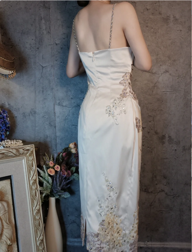 Elegant Champagne Fitted Spaghetti Strap Beaded Embroidered Satin Classy Prom Dress