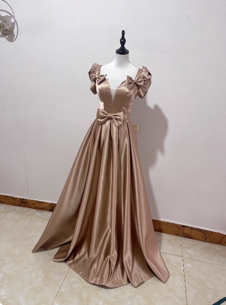 Elegant Champagne Gold Deep V-Neck Bow Satin Long Classy Prom Dress Secondary image