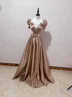 Elegant Champagne Gold Deep V-Neck Bow Satin Long Classy Prom Dress