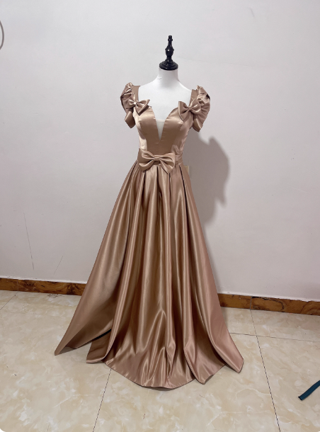 Elegant Champagne Gold Deep V-Neck Bow Satin Long Classy Prom Dress