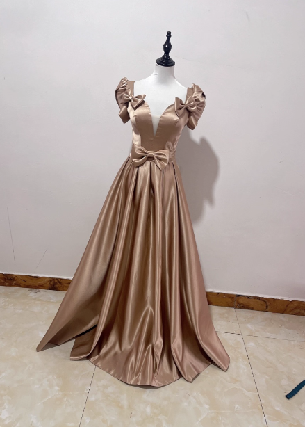 Elegant Champagne Gold Deep V-Neck Bow Satin Long Classy Prom Dress