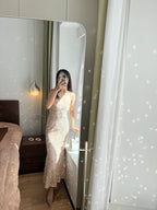 Elegant Champagne Gold Mermaid Halter V-Neck Sequined Long Classy Prom Dress