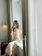 Elegant Champagne Gold Mermaid Halter V-Neck Sequined Long Classy Prom Dress