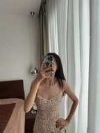 Elegant Champagne Gold Mermaid Halter V-Neck Sequined Long Classy Prom Dress