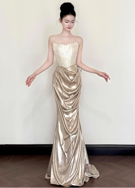 Elegant Champagne Gold Mermaid Strapless Ruffled Satin Train Classy Prom Dress Secondary image