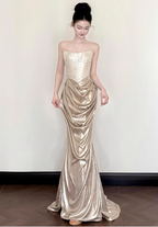 Elegant Champagne Gold Mermaid Strapless Ruffled Satin Train Classy Prom Dress