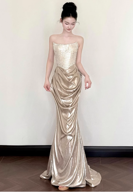 Elegant Champagne Gold Mermaid Strapless Ruffled Satin Train Classy Prom Dress