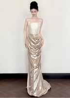 Elegant Champagne Gold Mermaid Strapless Ruffled Satin Train Classy Prom Dress