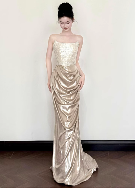 Elegant Champagne Gold Mermaid Strapless Ruffled Satin Train Classy Prom Dress