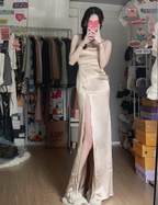 Elegant Champagne High-Slit Satin Long Classy Prom Dress