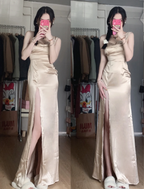 Elegant Champagne High-Slit Satin Long Classy Prom Dress